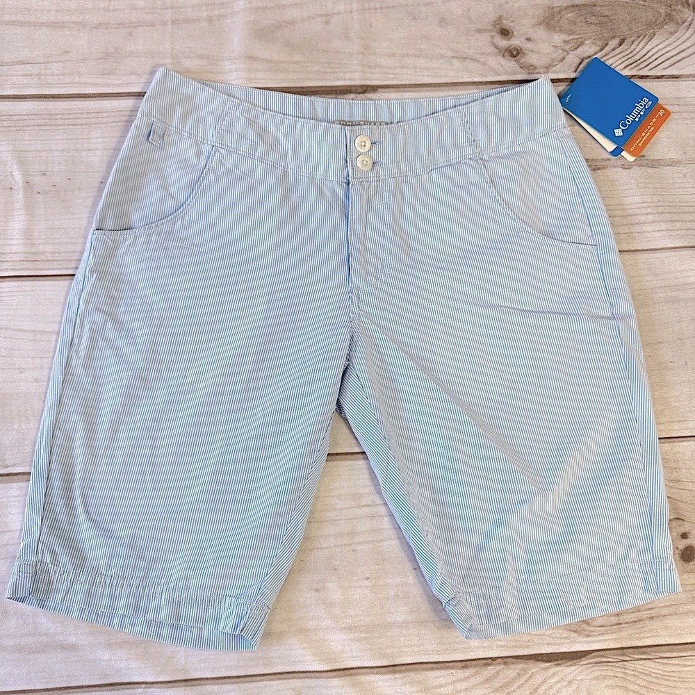 Columbia PFG Light Blue Pinstripe Omni Shade Bermuda Shorts with Pockets 30UPF
